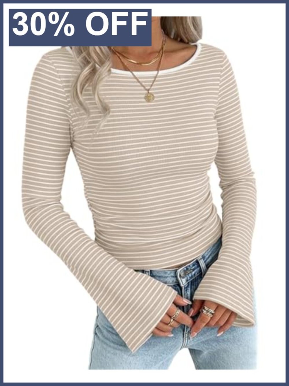 Striped Ribbed Knit Bell Sleeve Boat Neck Ruched Slim Fit Top
